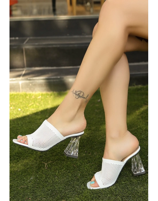 Akva Beyaz Triko Şeffaf Topuklu Kadın Terlik