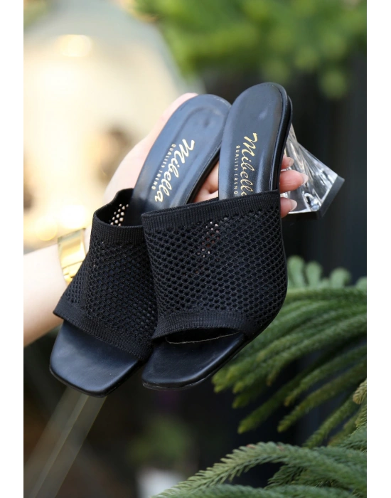 Akva Siyah Triko Şeffaf Topuklu Kadın Terlik