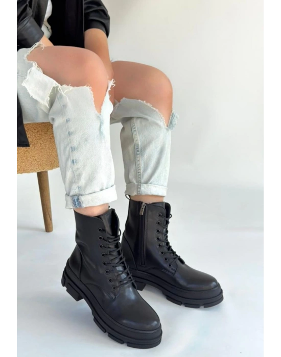 Allex Siyah Cilt Bağcıklı Bot