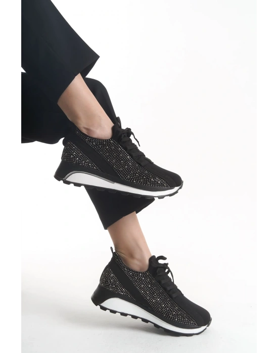 ALYA Bağcıklı Ortopedik Taban Taşlı Kadın Sneaker Spor Ayakkabı CBT - Siyah