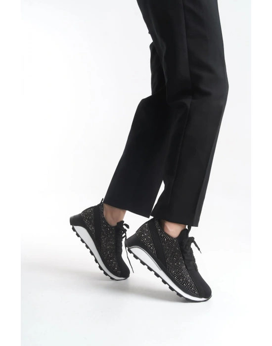 ALYA Bağcıklı Ortopedik Taban Taşlı Kadın Sneaker Spor Ayakkabı CBT - Siyah