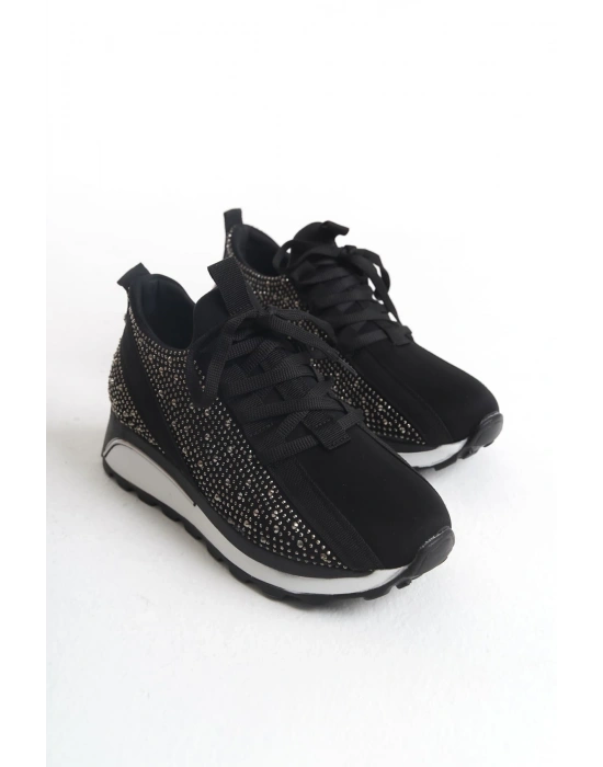 ALYA Bağcıklı Ortopedik Taban Taşlı Kadın Sneaker Spor Ayakkabı CBT - Siyah