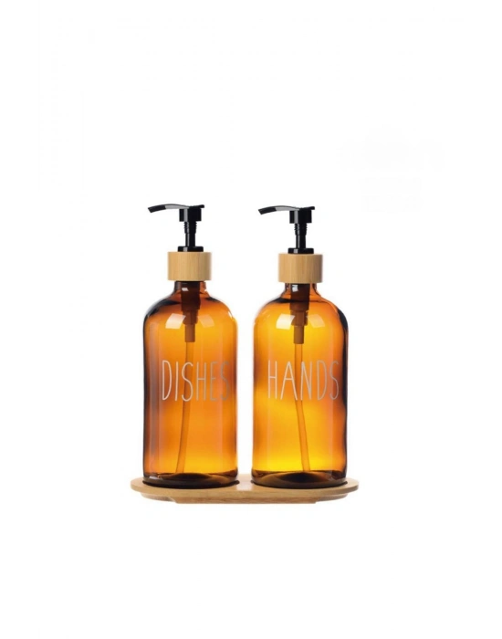 Amber Cam İkili Sıvı Sabunluk Seti 500 ml Bambu Altlıklı