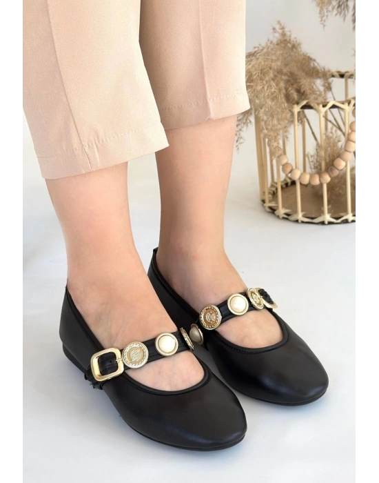 Atnis Siyah Cilt Ayakkabı Kadın Babet