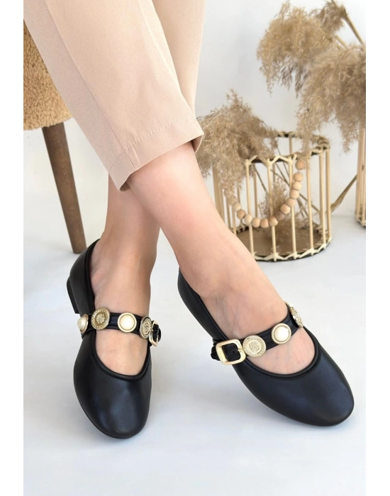 Atnis Siyah Cilt Ayakkabı Kadın Babet