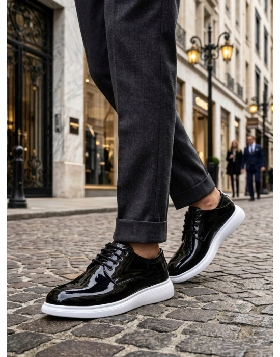 BA0003 Siyah Bağcıklı Rugan Beyaz Taban Erkek Klasik Ayakkabı