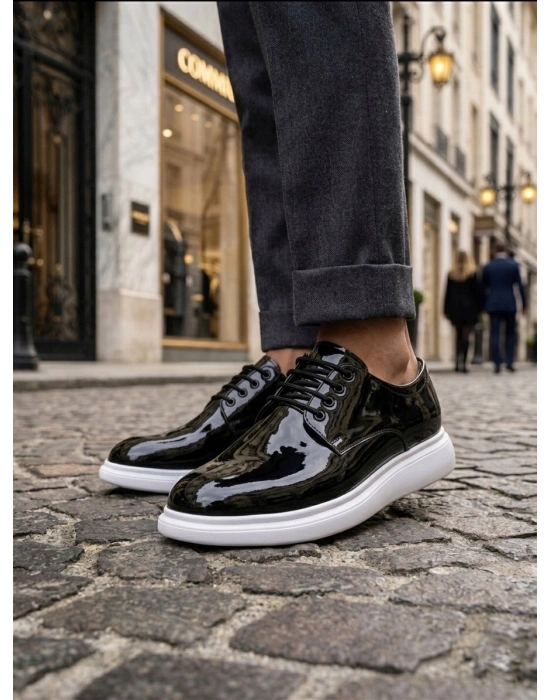 BA0003 Siyah Bağcıklı Rugan Beyaz Taban Erkek Klasik Ayakkabı