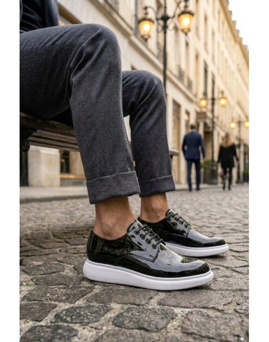 BA0003 Siyah Bağcıklı Rugan Beyaz Taban Erkek Klasik Ayakkabı