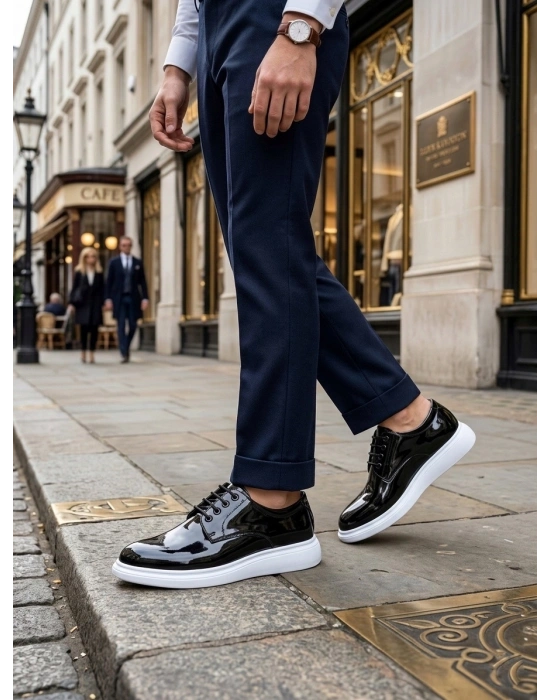 BA0003 Siyah Bağcıklı Rugan Beyaz Taban Erkek Klasik Ayakkabı