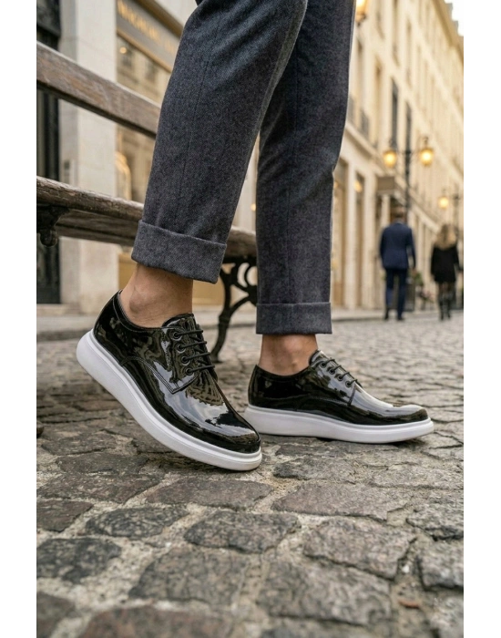 BA0003 Siyah Bağcıklı Rugan Beyaz Taban Erkek Klasik Ayakkabı