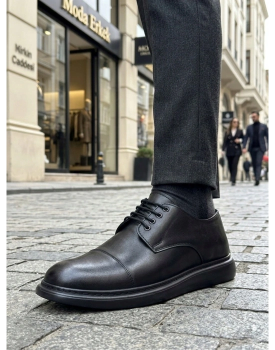 BA0003 Siyah Kapaklı Burun Bağcıklı Erkek Oxford Ayakkabı
