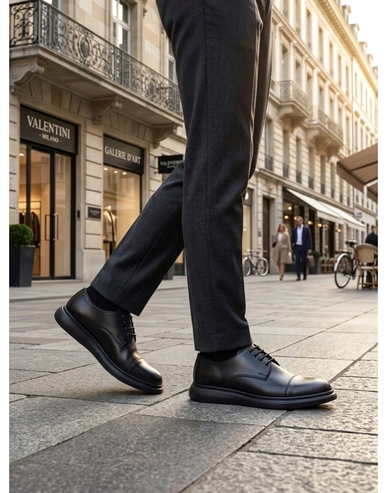 BA0003 Siyah Kapaklı Burun Bağcıklı Erkek Oxford Ayakkabı