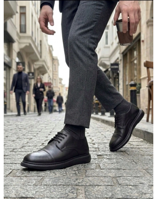 BA0003 Siyah Kapaklı Burun Bağcıklı Erkek Oxford Ayakkabı