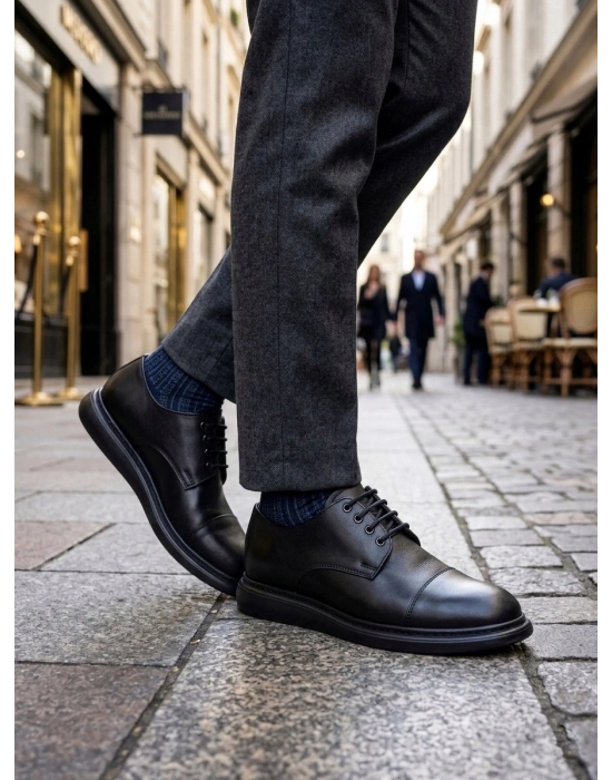 BA0003 Siyah Kapaklı Burun Bağcıklı Erkek Oxford Ayakkabı