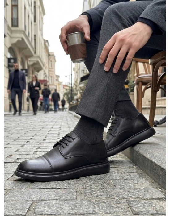 BA0003 Siyah Kapaklı Burun Bağcıklı Erkek Oxford Ayakkabı
