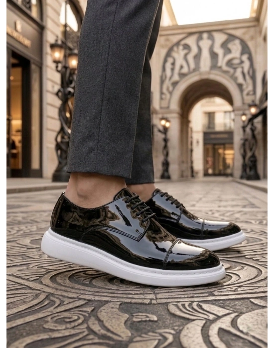 BA0003 Siyah Kapaklı Burun Bağcıklı Rugan Beyaz Taban Erkek Oxford Ayakkabı