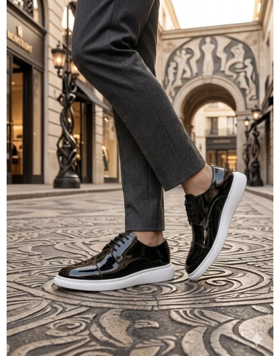 BA0003 Siyah Kapaklı Burun Bağcıklı Rugan Beyaz Taban Erkek Oxford Ayakkabı