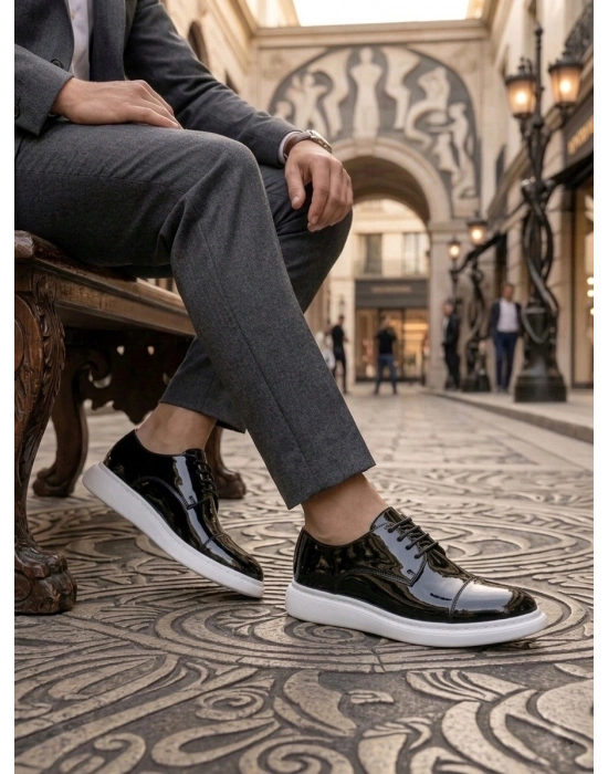 BA0003 Siyah Kapaklı Burun Bağcıklı Rugan Beyaz Taban Erkek Oxford Ayakkabı