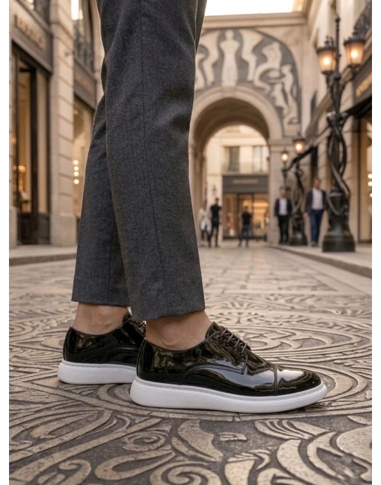 BA0003 Siyah Kapaklı Burun Bağcıklı Rugan Beyaz Taban Erkek Oxford Ayakkabı