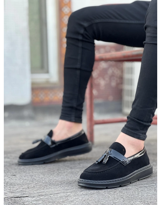 Ba0005 Bağcıksız Yüksek Taban Klasik Siyah Süet Parlak Kuşaklı Püsküllü Erkek Ayakkabı Erkek Klasik Ayakkabı