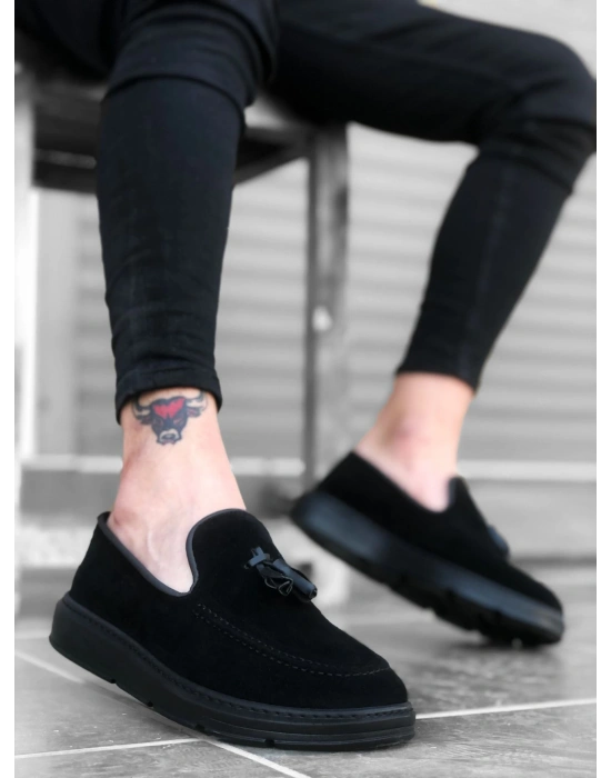 Ba0005 Bağcıksız Yüksek Taban Klasik Süet Siyah Siyah Taban Püsküllü Erkek Ayakkabı Erkek Klasik Ayakkabı
