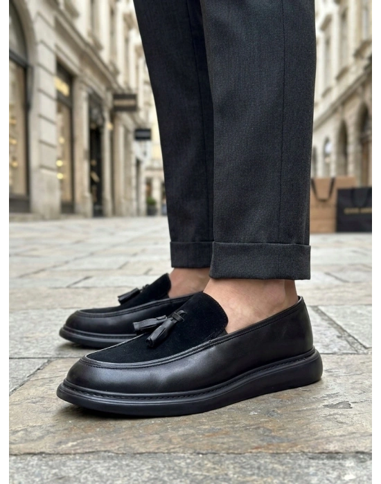 BA0005 Yeni Sezon Kalın Tabanlı Siyah Süet Makosen Ayakkabı