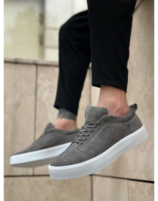 BA0104 Bağcıklı Gri Süet Beyaz Taban Spor Klasik Erkek Ayakkabı