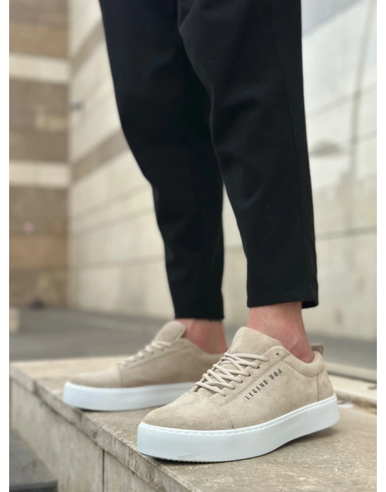 BA0104 Bağcıklı Krem Süet Beyaz Taban Spor Klasik Erkek Ayakkabı
