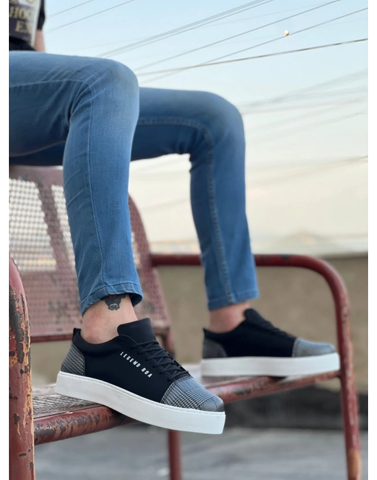 BA0104 Bağcıklı Siyah Ekose Süet Beyaz Taban Spor Klasik Erkek Ayakkabı