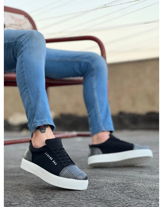 BA0104 Bağcıklı Siyah Ekose Süet Beyaz Taban Spor Klasik Erkek Ayakkabı
