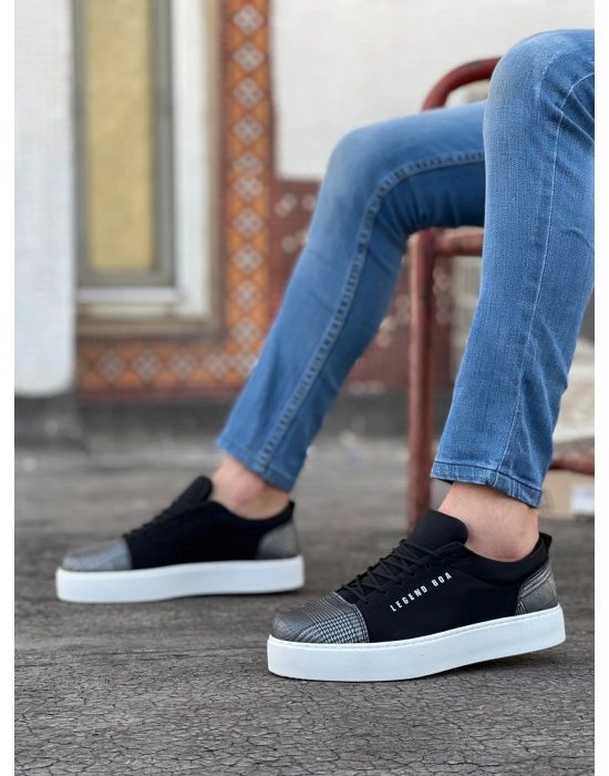 BA0104 Bağcıklı Siyah Ekose Süet Beyaz Taban Spor Klasik Erkek Ayakkabı
