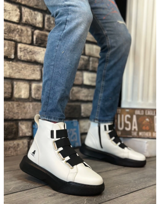 Ba0142 Bantlı Erkek Yüksek Taban Beyaz Siyah Spor Erkek Bot