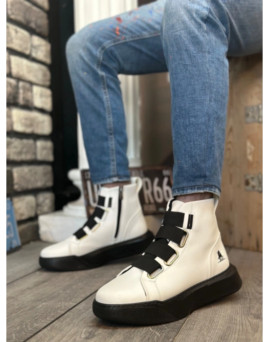 BA0142 Bantlı Erkek Yüksek Taban Beyaz Siyah Spor Bot