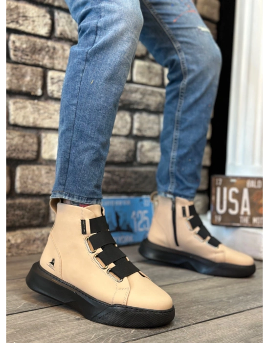 BA0142 Bantlı Erkek Yüksek Taban Krem Spor Bot