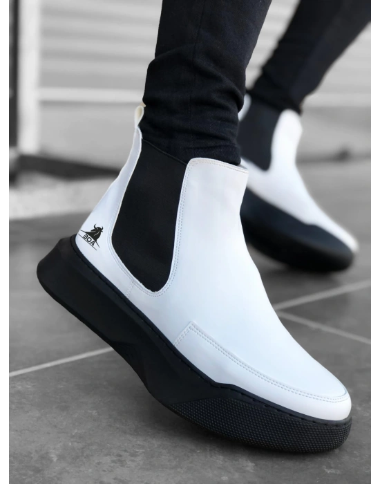 Ba0150 Bağcıksız Bantlı Erkek Yüksek Taban Beyaz Siyah Taban Spor Erkek Bot