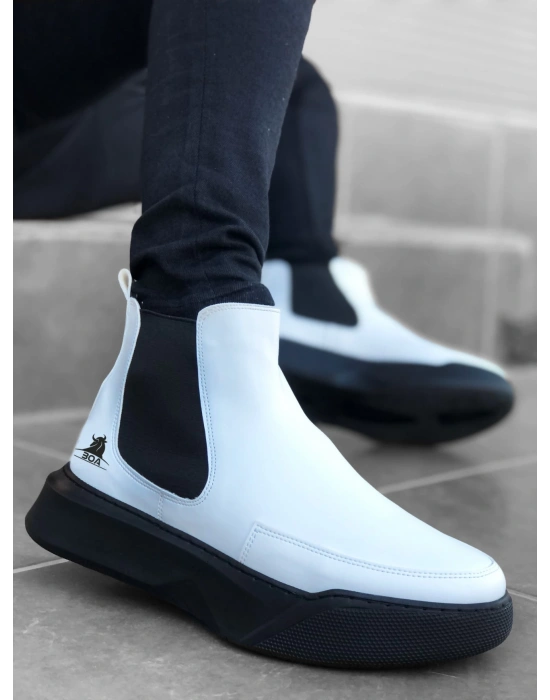 Ba0150 Bağcıksız Bantlı Erkek Yüksek Taban Beyaz Siyah Taban Spor Erkek Bot