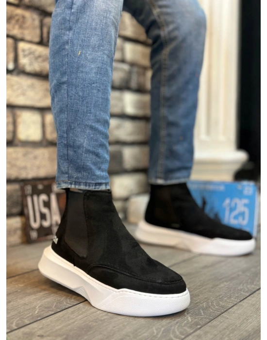 Ba0150 Bağcıksız Bantlı Erkek Yüksek Taban Yeni Süet Siyah Beyaz Taban Spor Erkek Bot