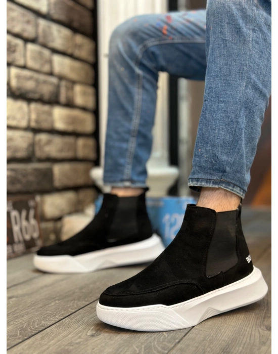 Ba0150 Bağcıksız Bantlı Erkek Yüksek Taban Yeni Süet Siyah Beyaz Taban Spor Erkek Bot