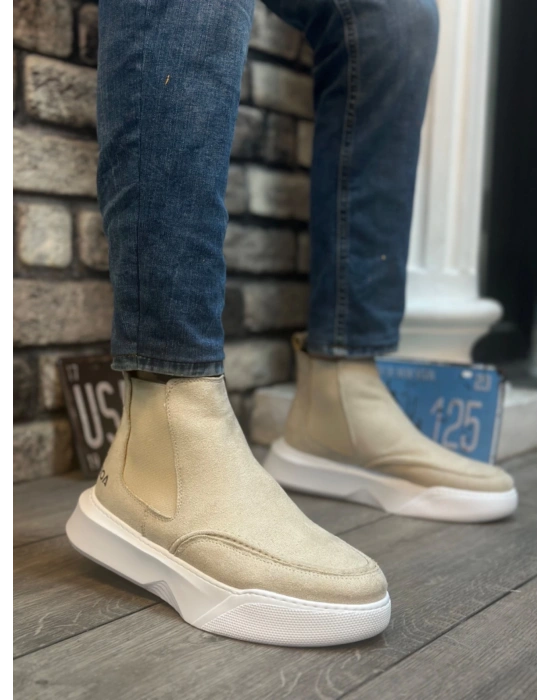 Ba0150 Bağcıksız Erkek Krem Süet Yüksek Taban Spor Erkek Bot