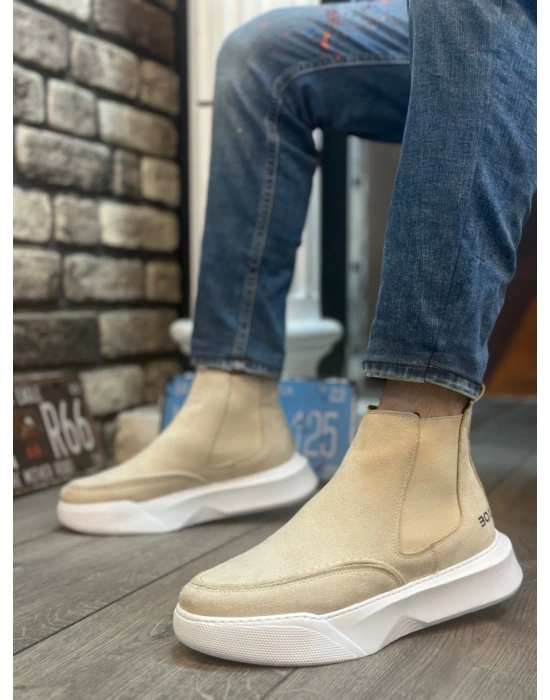 Ba0150 Bağcıksız Erkek Krem Süet Yüksek Taban Spor Erkek Bot