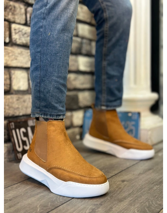 Ba0150 Bağcıksız Erkek Taba Süet Beyaz Yüksek Taban Spor Erkek Bot