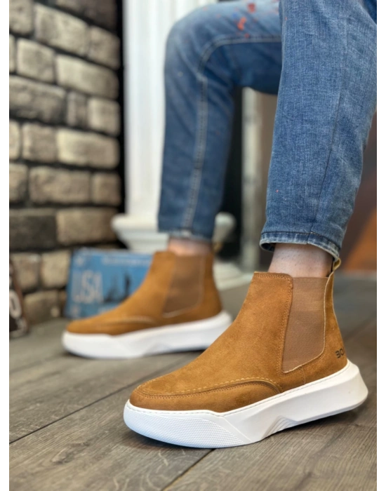 Ba0150 Bağcıksız Erkek Taba Süet Beyaz Yüksek Taban Spor Erkek Bot
