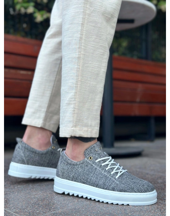 BA0152 Bağcıklı Yüksek Taban Gri Kırçıllı Keten Erkek Ayakkabı