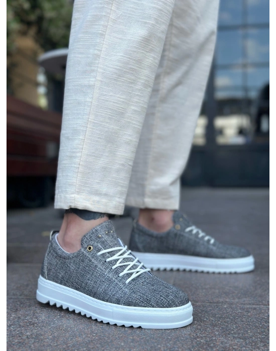 BA0152 Bağcıklı Yüksek Taban Gri Kırçıllı Keten Erkek Ayakkabı