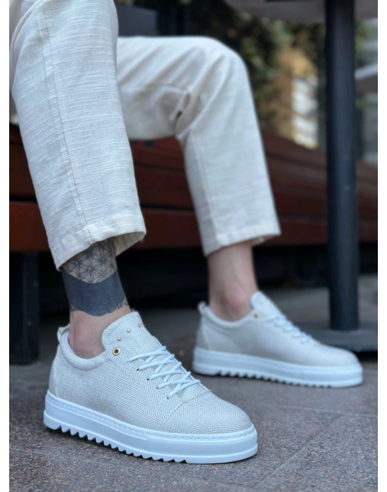 BA0152 Bağcıklı Yüksek Taban Krem Keten Erkek Ayakkabı