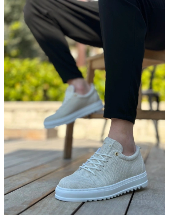 BA0152 Bağcıklı Yüksek Taban Krem Keten Erkek Ayakkabı