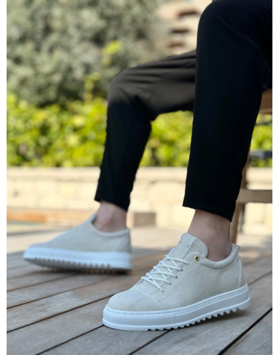 BA0152 Bağcıklı Yüksek Taban Krem Keten Erkek Ayakkabı