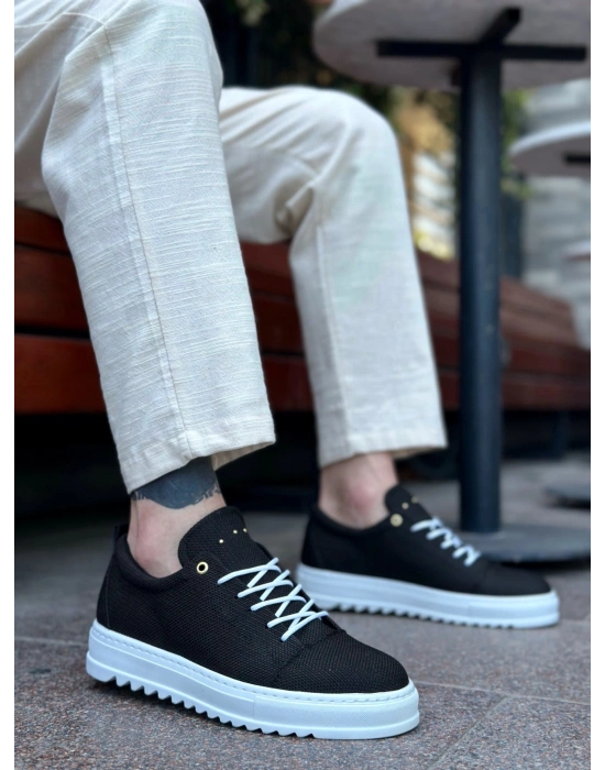 BA0152 Bağcıklı Yüksek Taban Siyah Keten Erkek Ayakkabı