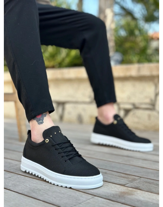 BA0152 Bağcıklı Yüksek Taban Siyah Keten Erkek Ayakkabı