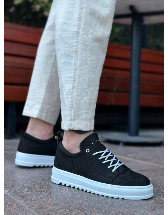 BA0152 Bağcıklı Yüksek Taban Siyah Keten Erkek Ayakkabı